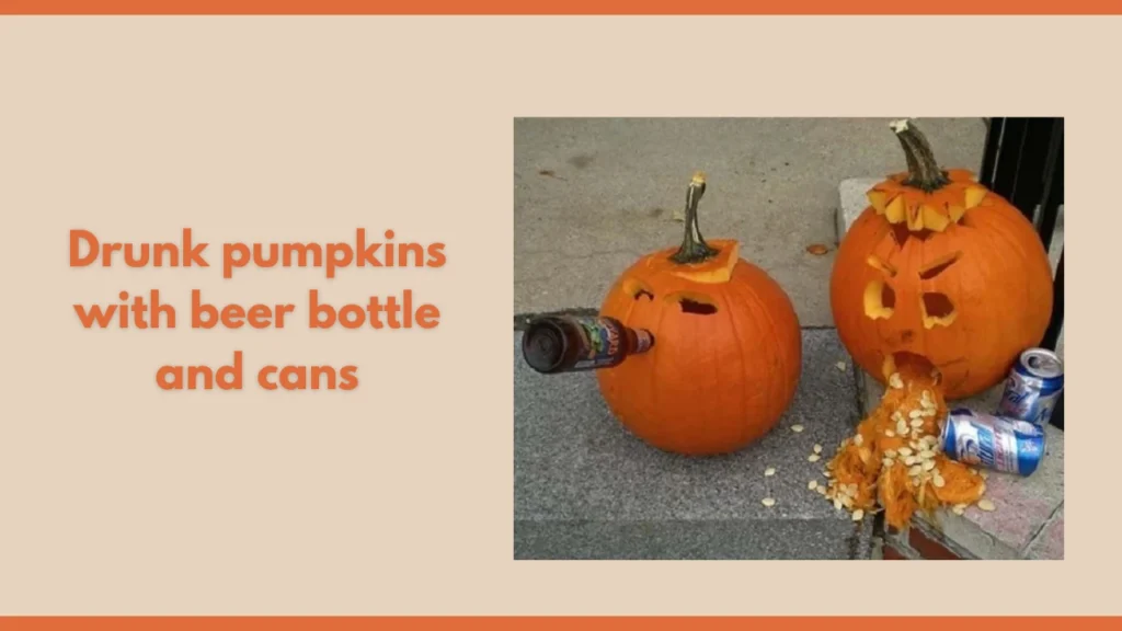 Drunk pumpkins with beer bottle and cans